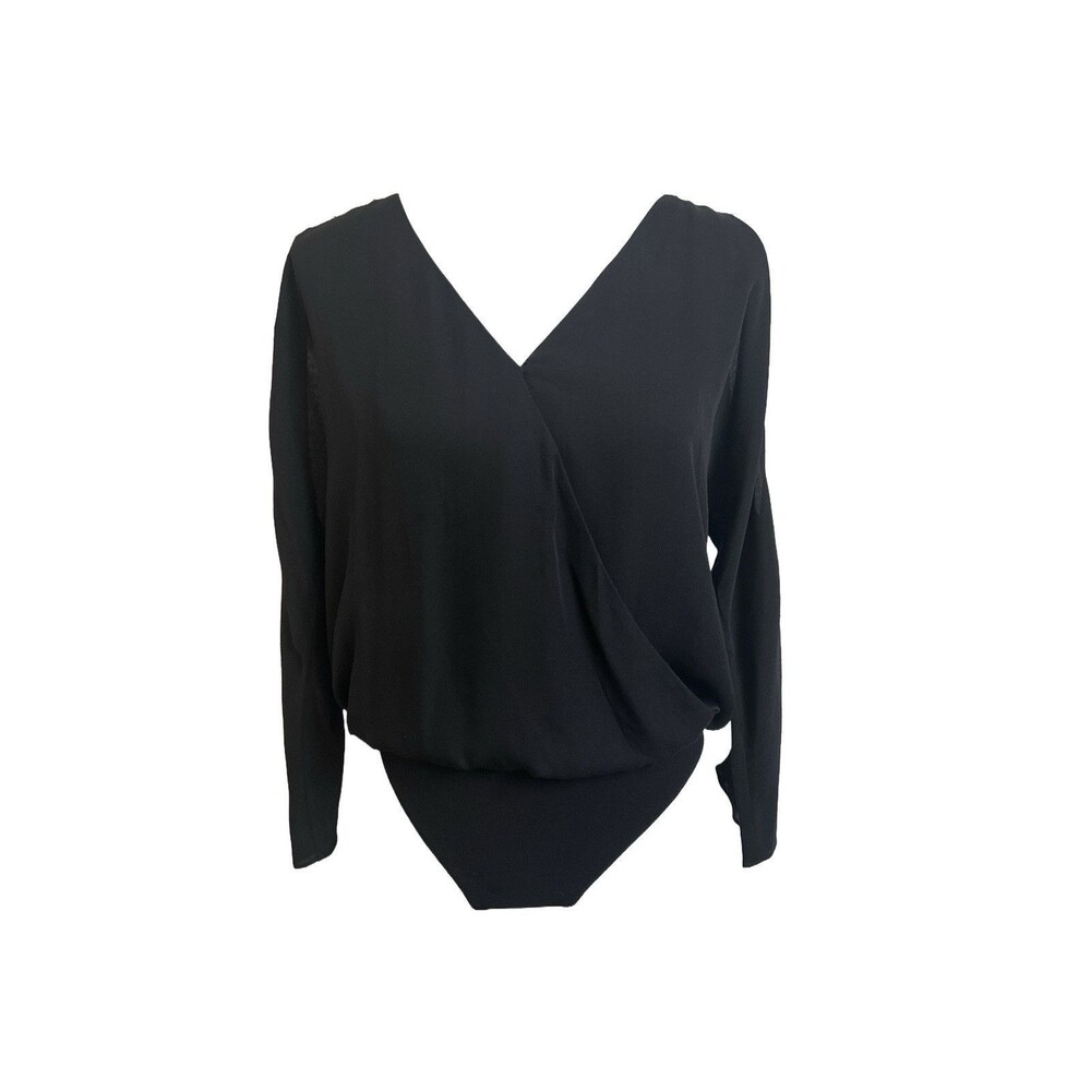 Joie Women's S Ahsaki V-Neck Cold-Shoulder Draped Bodysuit Black Caviar Silk